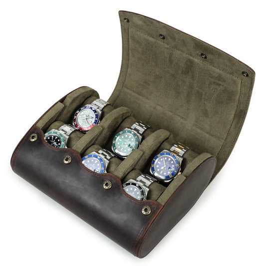 Rothmere Crazy Horse Leather Watch Travel Case · 6 Slots · Oval