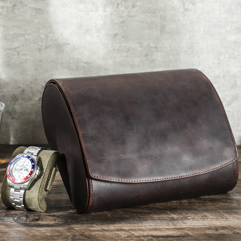 Rothmere Crazy Horse Leather Watch Travel Case · 6 Slots · Oval