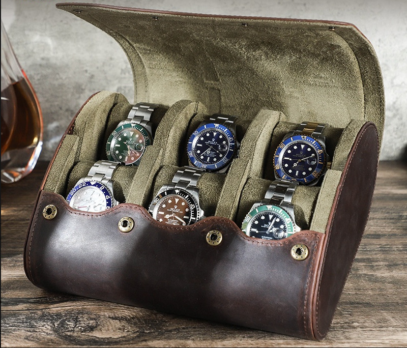 Rothmere Crazy Horse Leather Watch Travel Case · 6 Slots · Oval