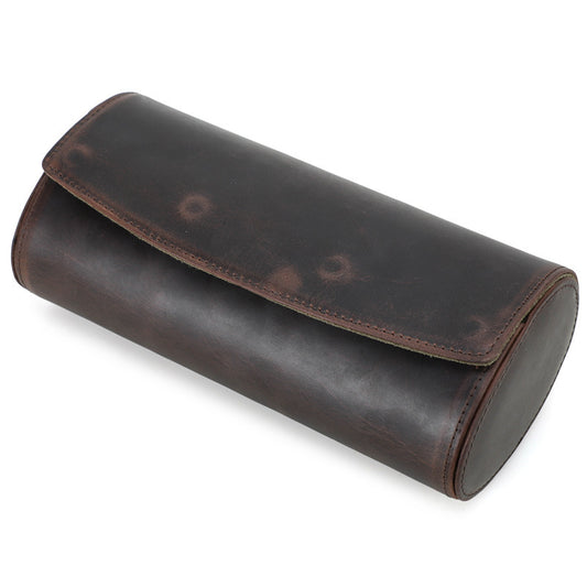 Coffee brown leather travel case closed with metal snap