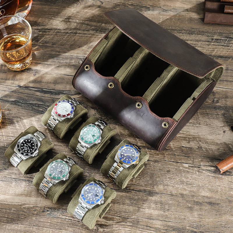 Rothmere Crazy Horse Leather Watch Travel Case · 6 Slots · Oval
