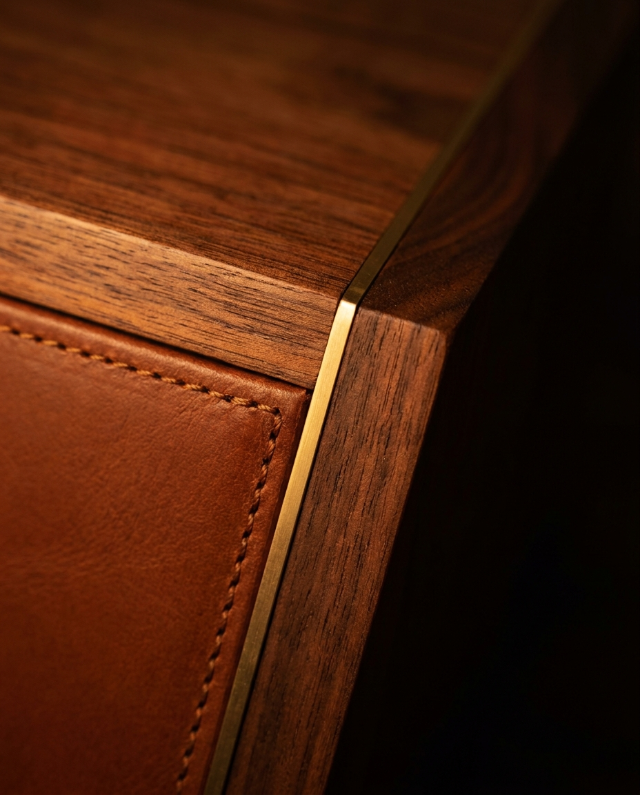 Macro close-up of the Rothmere winder: real walnut wood grain meeting hand-stitched cognac leather and a thin polished brass rule, warm low-key light.