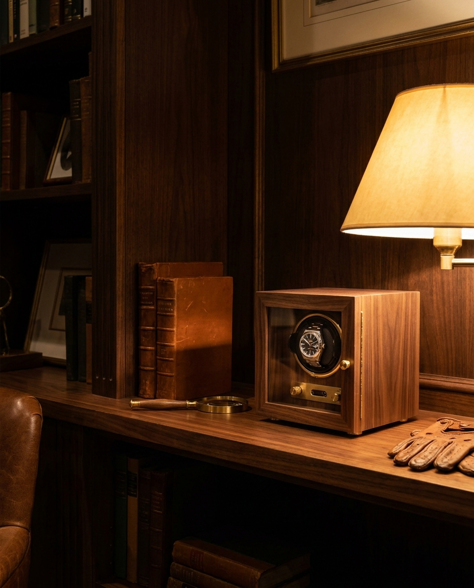 The Rothmere winder on a walnut shelf beside leather-bound books in a collector's study at night, lit by a single warm lamp, a watch turning quietly inside.