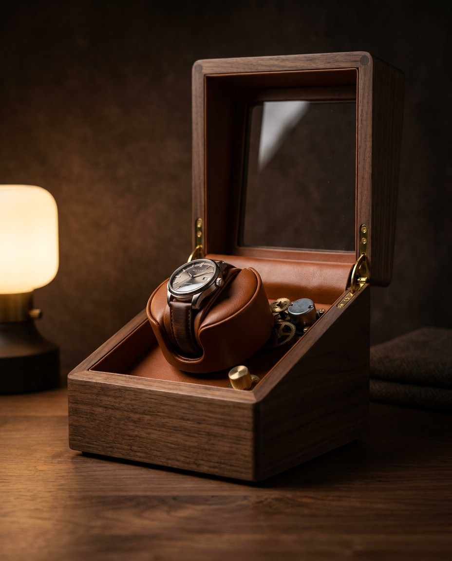 Three-quarter detail of the Rothmere winder showing the cognac-leather watch holder and quiet winding mechanism, a real automatic watch mounted mid-rotation, warm low-key light.