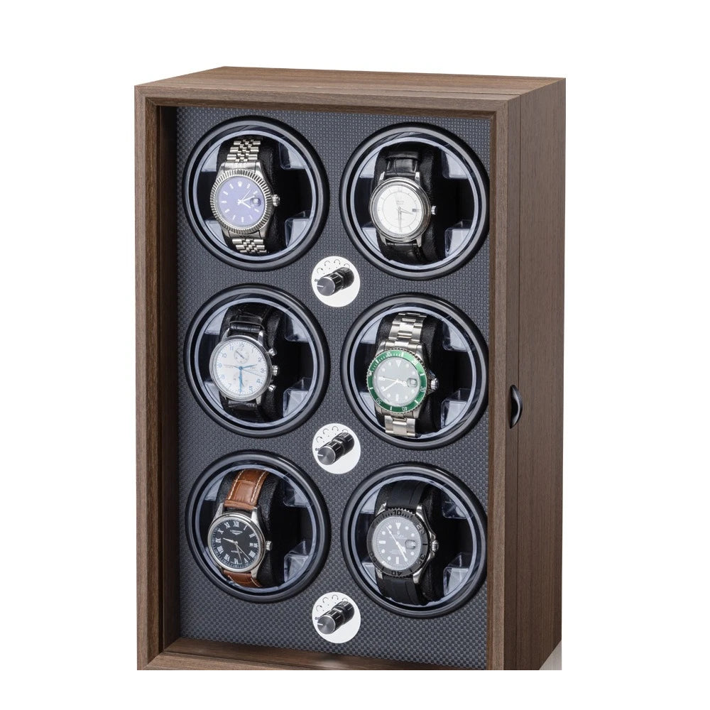 Rothmere walnut watch winder with 6 slots, front view, silent motor, LED interior