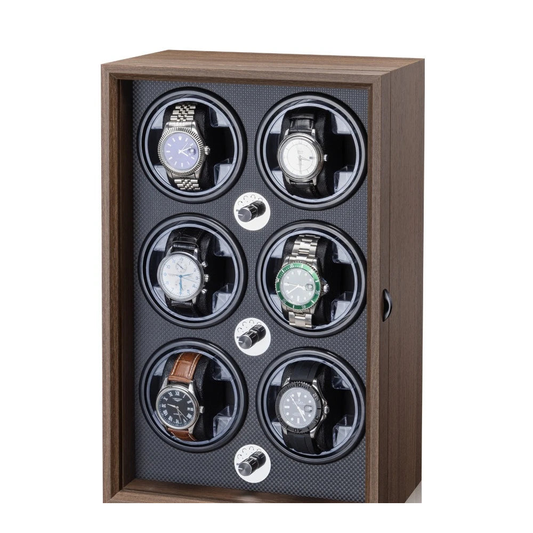 Rothmere walnut watch winder with 6 slots, front view, silent motor, LED interior